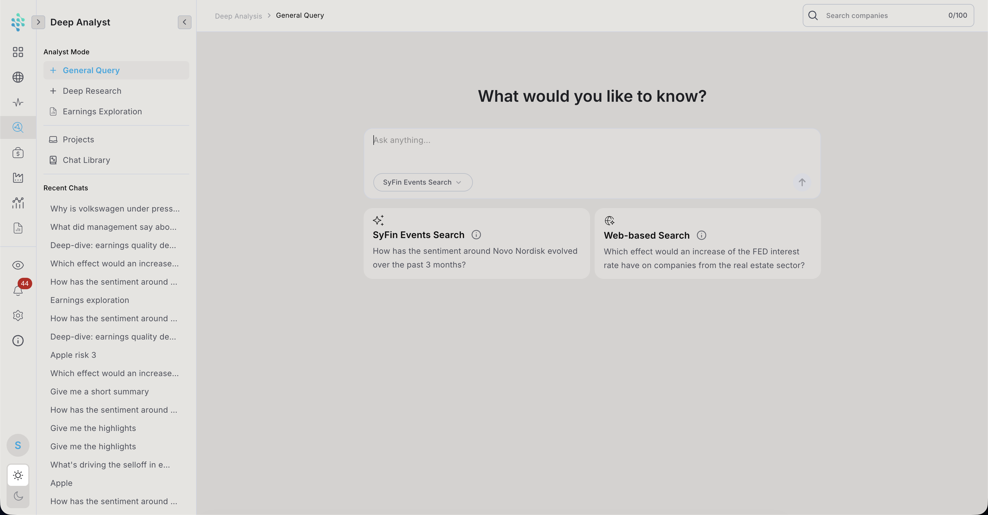 General Query start screen with the three analyst modes in the sidebar
