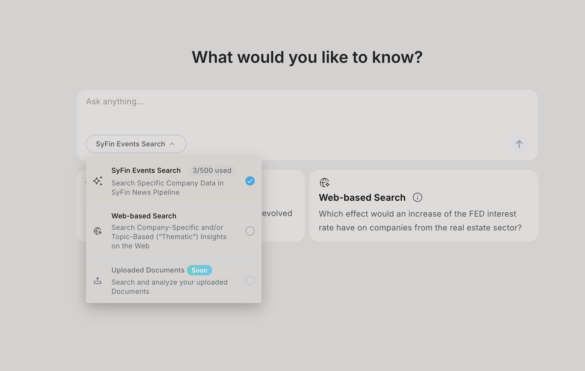 Source picker open under the question box, with SyFin Events Search selected