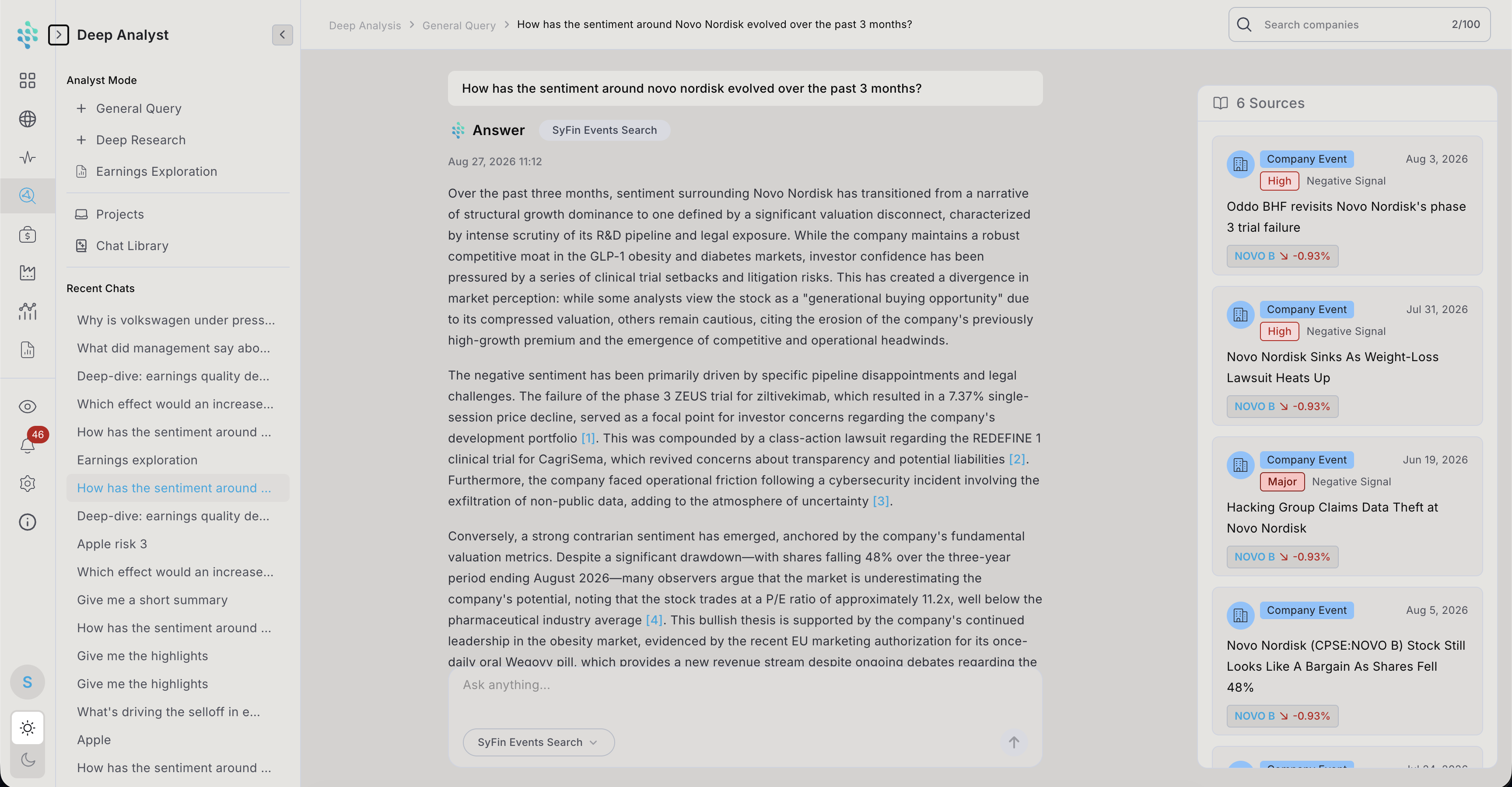 Answer with numbered references next to the sources panel of matching SyFin event cards